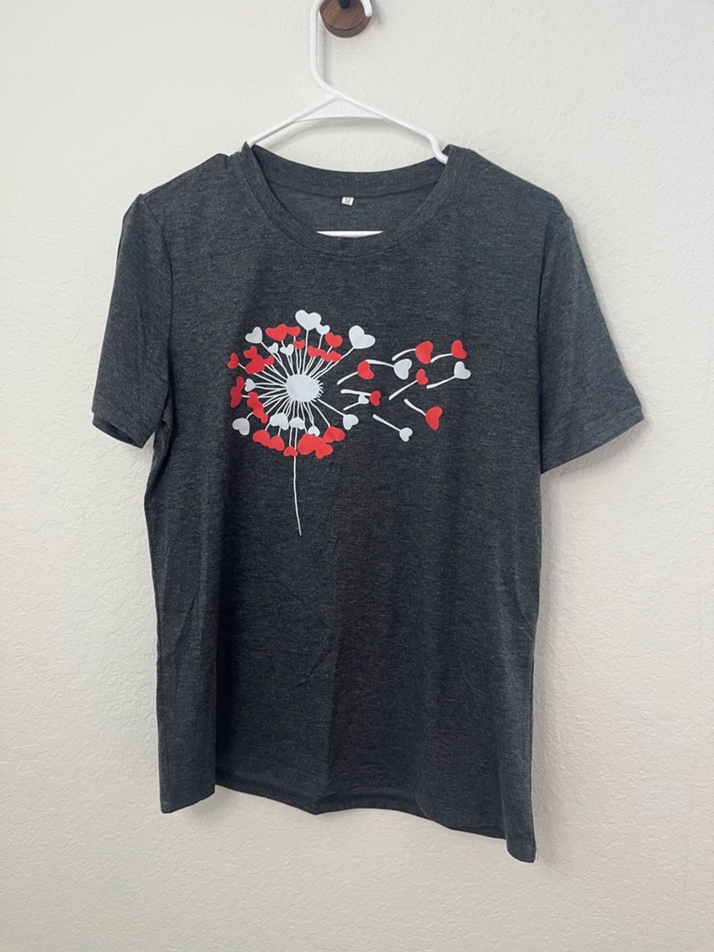 Amazon Women’s Charcoal Gray Graphic Tee with Red and White Heart Dandelion